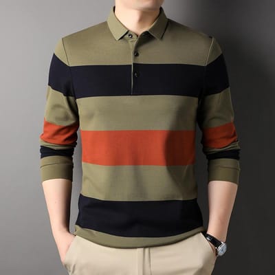 Herfst Nieuwe Kleding voor Mannen van Middelbare Leeftijd Polo Shirt met Revers en Kleurblokkering Mode Gestreept Lange Mouwen Katoenen T-shirt XXXL gray