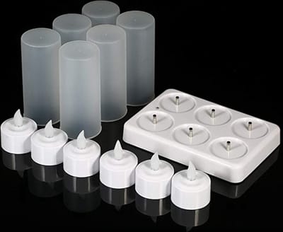 Oplaadbare waxinelichtjes met lader - 3D LED theelichtjes - Set van 6 - Veilig en duurzaam - Oplaadbare kaarsen - Incl. doorschijnende bebuizing - Sfeerlichtjes - Horeca kaarsen - Flikkerende lichtjes - Nepkaarsen