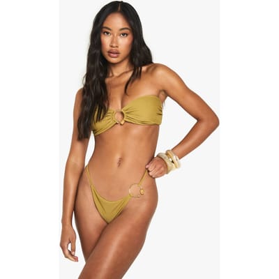 boohoo Dames Resin Stone Trim Gold O-Ring Detail Tanga Bikini-broekjes | Olive | Maat: 8