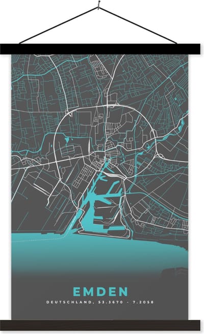 Posterhanger incl. Poster 40x60 cm - Schoolplaat - Plattegrond – Emden – Blauw – Stadskaart – Kaart - Duitsland - Textielposter - Zwarte latten - Stadskaart