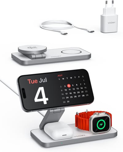 Voomy 3-in-1 Draadloze Oplader QI2.2 - 25W draadloos snelladen - Opvouwbaar Oplaadstation - Geschikt voor MagSafe, Apple Watch, Draadloze Oortjes - Wireless Charger - Inclusief 35W PD Adapter - Wit