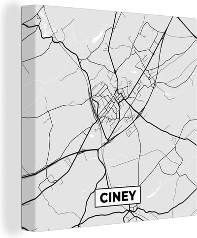 Canvas Schilderij Kaart – Plattegrond – Stadskaart – Ciney – België – Zwart Wit - 20x20 cm - Wanddecoratie