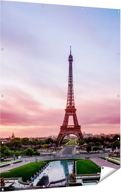 Gards Tuinposter Eiffeltoren in Parijs met Kleurrijke Hemel - 120x160 cm - Tuindoek - Tuindecoratie - Wanddecoratie buiten - Tuinschilderij