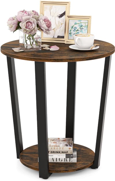 COSTWAY Ronde bijzettafel, salontafel met metalen frame, salontafel met 2 planken, industrieel nachtkastje voor woonkamer, slaapkamer, kleine ruimtes (vintage bruin)