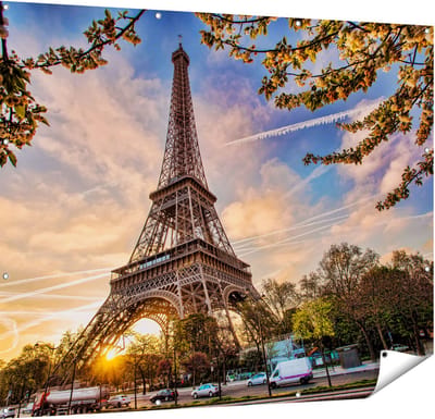 Gards Tuinposter Eiffeltoren in Parijs tijdens Zonsondergang - 150x120 cm - Tuindoek - Tuindecoratie - Wanddecoratie buiten - Tuinschilderij