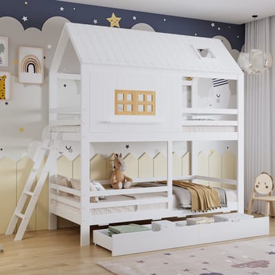 DESMIU Etagenbed 90x200cm – Kinderbed Met Raam En Dak – Met 2 Grote Lades – Voor Kinderkamer – Massief Hout En MDF – Wit Natuurlijk – Zonder Matras