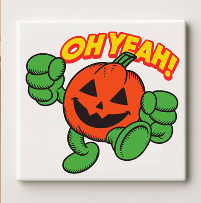 Grappige Halloween Pompoen Decoratieve Tegel 15x15 cm – “Oh Yeah!” Cartoon Jack-O’-Lantern – Griezelige Wanddecoratie