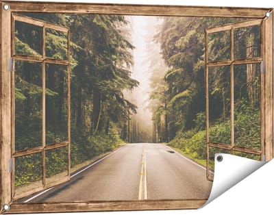 Gards Tuinposter Doorkijk Highway in Californi� Omring met Bos - 90x60 cm - Tuindoek - Tuindecoratie - Wanddecoratie buiten - Tuinschilderij