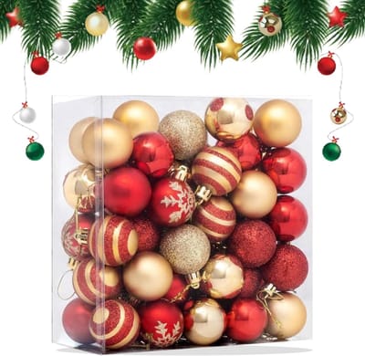 Dailygoods - 50 stuks kunststof kerstballen, ornamenten, 4 cm kerstballen, boomversiering, kerstballenset voor kerstdecoratie, bruiloft, verjaardagsfeest (rood en goud)
