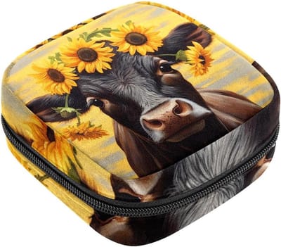 Opbergtas Maandverband - Menstruatiecup Zakje - Intieme Hygiëne - Privacy Beschermend - 12x17x17 cm - Zonnebloem Koe