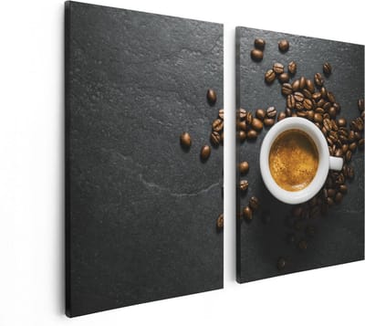 Artaza Canvas Schilderij Tweeluik Kopje Koffie Met Koffiebonen - 80x60 - Foto Op Canvas - Canvas Print
