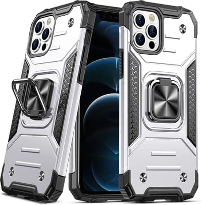 Hoesje Geschikt voor iPhone 12 - Heavy Duty Armor hoesje Met Kickstand ringhouder – Zilver