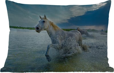 Buitenkussens - Tuin - Witte paarden die dramatisch door het water galopperen - 60x40 cm