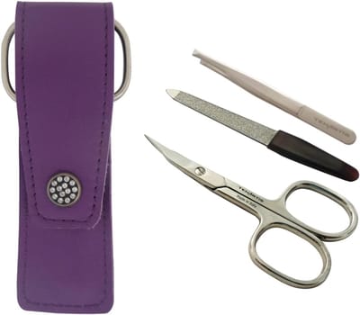3-Delige Manicure Set in Paars Echt Leer: Nagelknipschaar, Vijl en Pincet