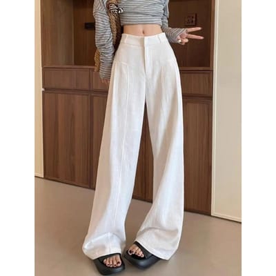 Pantalon Large en Ramie Blanc pour Femme Été Fin Taille Haute Drapé Style Old Money Pantalon Casual Droit Sous-coton et Lin S blanc