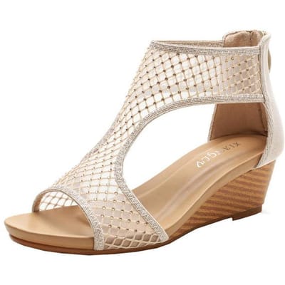 Grote Maat 41 42 Dames Sandalen Midden Wedge Hak Bling Diamant Mesh Open Teen T-Band Achter Rits Vrouwelijk Casual Zomer Schoenen Dame 38 beige