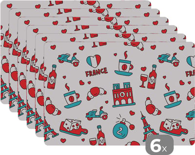 Placemat - Placemats kunststof - Patroon - Frankrijk - Vlag - 45x30 cm - 6 stuks - Hittebestendig - Anti-Slip - Onderlegger - Afneembaar