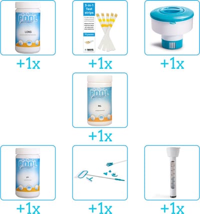 Zwembad Onderhoudspakket - Onderhoud Zwembad - bevat Chloor - Testrips - Chloordrijver - PH-min - PH-plus - Schoonmaakset en Thermometer (7-delig)