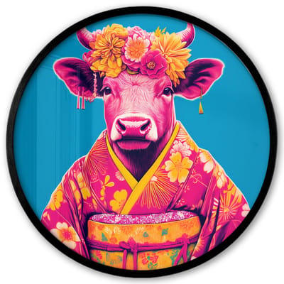 Poster in lijst Rond - Fotolijst 40x40 cm - Posters - Koe - Bloemenkrans - Oorhangers - Kimono - Ronde posterlijst zwart - Decoratie - Wanddecoratie woonkamer - Muurdecoratie slaapkamer