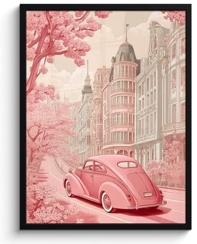 Poster in lijst - Fotolijst 50x70 cm - Posters - City - Car - Pink - Posterlijst zwart - Decoratie - Wanddecoratie woonkamer - Muurdecoratie slaapkamer