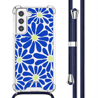 imoshion Hoesje - Geschikt voor Samsung Galaxy S21 FE - Design Hoesje met Koord - Cobalt Blue Flowers Connect