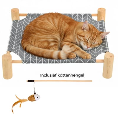 Janse® Katten hangmat grijs - Inclusief kattenhengel - Hangmat met houten pootjes - Kattenstretcher - Katten bedje - Voor kleine hondjes - Katten ligbed - Kattenmand - Poezen speelgoed