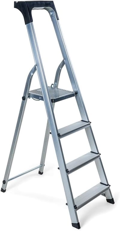 Huishoudtrap 4 treden - Keukentrap Aluminium - Klus in huis - Extra veiligheidsborging - 84 cm hoogte - Zilver