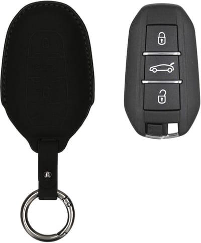 kwmobile Kunstlederen autosleutelcover voor Peugeot Citroen 3-knops Smartkey autosleutel (alleen Keyless Go) - Sleutelhoes met matte afwerking en sleutelhanger - mat zwart