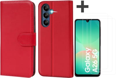 Hoesje met 3 Stuks Screenprotectors Geschikt voor Samsung Galaxy A26 – Arara bookcase met pasjeshouder - Rood