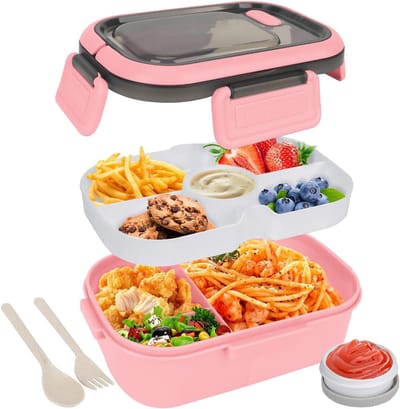 Lunchboxen - Lunchbox - Lunchbox volwassenen - Lunchbox kinderen - Maaltijdbox met compartimenten en bestek - Luchtdicht - 1200ml - Magnetronbestendig - Ideaal voor salades - Voor kinderen en volwassenen - Picknick(roze)