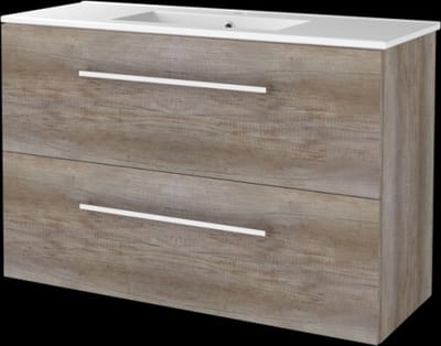 Basic Start 39 badmeubelset met wastafelonderkast met grepen, 2 lades en porseleinen wastafel met 1 kraangat 100 x 39 cm, scotch oak