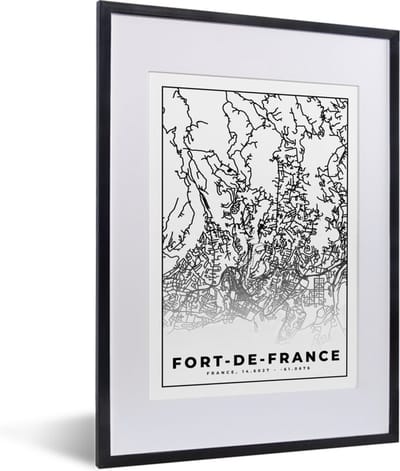 Fotolijst incl. Poster Zwart Wit- Kaart - Plattegrond - Frankrijk - Fort-de-France - Stadskaart - Zwart wit - 30x40 cm - Posterlijst
