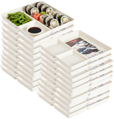 Plasticforte Vakjesborden - 20x stuks - ivoor wit - gourmetbord - 3-vaks - kunststof - 24 x 24 cm - fonduebord - bbq - camping