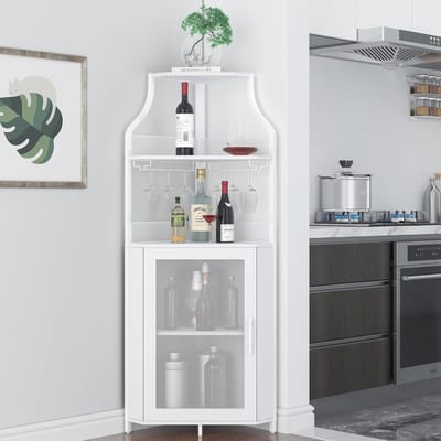 Industriële hoek wijnkast, barkast met glashouder, verstelbare plank, metalen glasdeuren, wijnopslag, vrijstaande wijnrekbasis voor bar, keuken, eetkamer, 47 x 34 x 154 cm