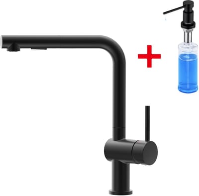Cecipa max Keukenkraan - Hoge draaibare L-uitloop - Met Zeepdispenser 300ML - 360° draaibereik - Met uittrekbare handdouche en 2 straalsoorten - Zwart