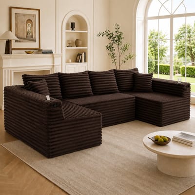 Moderne Hoekbank, U-Bank, 4-Zitsbank, U-vormige Corduroy Bank met Bekerhouders en Zijvakken, Verende Vulling, 4 Rugkussens en 2 Sierkussens, Ergonomisch Ontworpen voor Comfortabel Langdurig Zitten-Brown