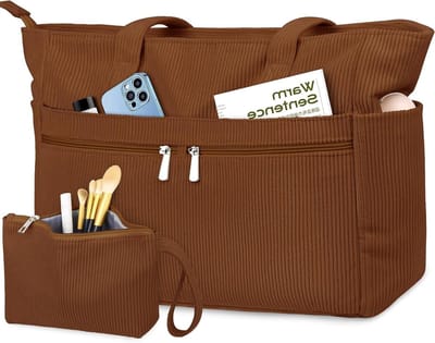 Grote Corduroy Schoudertas voor Vrouwen met Rits en Vakken voor School, Werk en Reizen