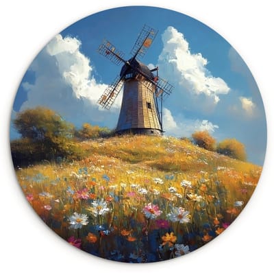 WallCircle® Wandcirkel 120x120 cm - Muurcirkel Windmolen - Heuvel - Bloemen - Kleurrijk - Muurdecoratie woonkamer - Wanddecoratie slaapkamer - Kamer decoratie accessoires - Ronde schilderijen XXL