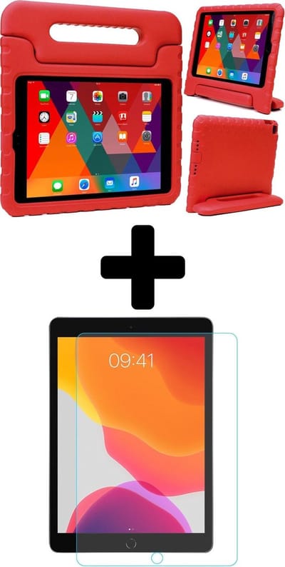 Hoesje - Geschikt voor Apple iPad 7 (2019) - 10.2 inch - 7e Generatie - Met Screenprotector - Kinderhoes - Shockproof Bumper - Kidsproof Case - Tablethoes - Kinder Hoes Cover - Rood