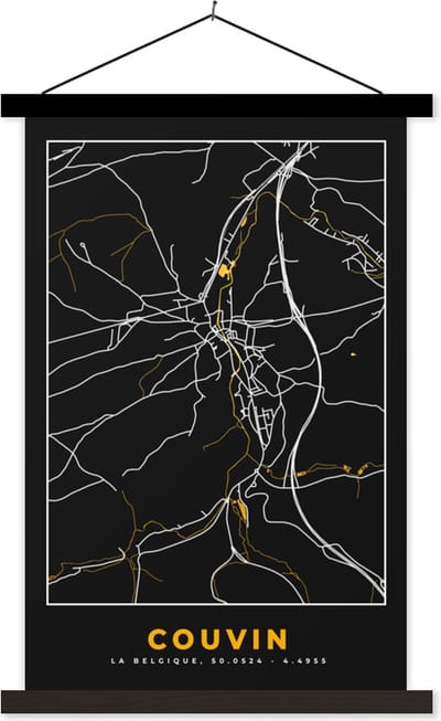 Posterhanger incl. Poster 40x60 cm - Schoolplaat - Gold - Couvin - Kaart - Plattegrond - Stadskaart - Textielposter - Zwarte latten - Stadskaart