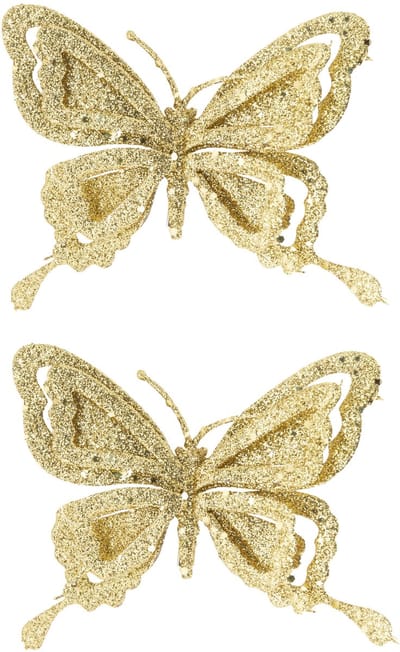 Kerstboomversiering Vlinder - 2x - 14 cm - goud glitter - op clip - ornament