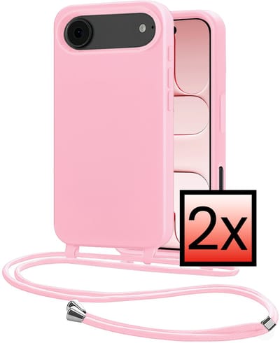Hoes Geschikt voor iPhone Air Met Telefoonkoord - Siliconen Hoesje Backcover Met Ketting - Lichtroze - 2 PACK