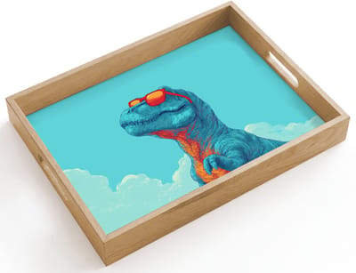 Dienblad hout 40x30 cm - Schootdienblad - T-Rex - Blauw - Wolken - Zonnebril - Borrelplank rechthoek - Plateau dienbladen