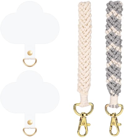 Solidchoice- Telefoon Polsband 17,5 cm - Telefoonkoord - Telefoonbevestigingslipjes 6x5,5 cm - Boho Touw - Katoen/PVC - 2 Stuks - Telefoonarmband