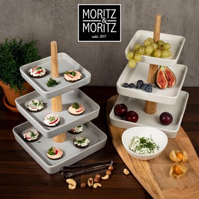 Moritz & Moritz Etagère Vierkant 3-laags - Serveerstandaard inclusief Serveertang - Porselein, Bamboe en Roestvrij Staal - Wit