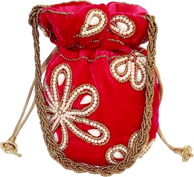 Purpledip Potli bag (clutch, drawstring purse) for women with intricate gold thread and sequin embroidery work