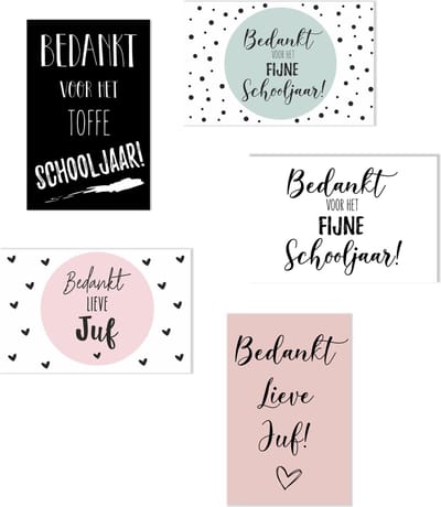 5 kadokaartjes juf meester - bedankt juf - bedankt meester - einde schooljaar - bedankkaartje juf meester