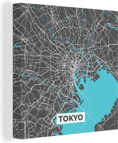 Canvas Schilderij Tokyo - Blauw - Stadskaart - Kaart - Plattegrond - 20x20 cm - Wanddecoratie