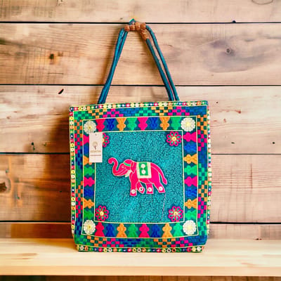 Schoudertas - Vedantan - Damestas - 40 x 40 cm - Katoen - Kleurrijk borduurwerk - Ritssluiting - Shopper dames- Picknicktas - Leuke Strandtas - Schattige - Twee handvaten