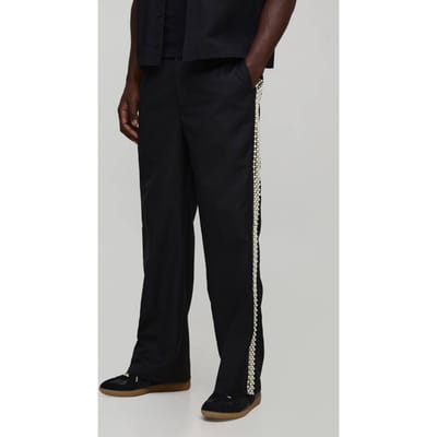 Broek met parelversiering, half- en half taille, geplooide voorkant en wijde pijpen | Black | Size XS